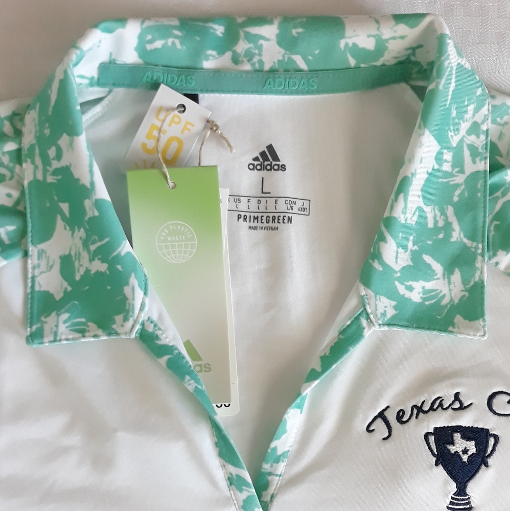 Adidas women's golf polo shirt short sleeve size L UPF 50 mint green white